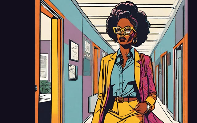 Illustration of a professional woman walking in an office hallway