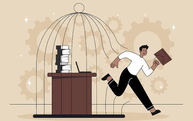 Illustration of an employee breaking free of a cage